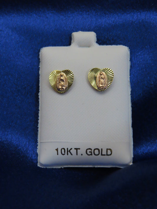 Virgen heart 2tones 10k gold stud earrings